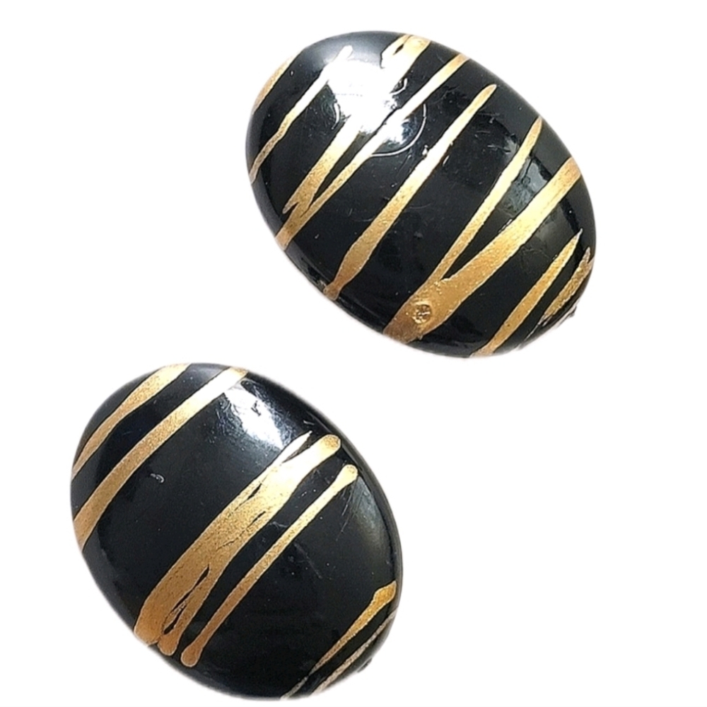 Vintage Black Gold Striped Oval Clip-on Earrings Costume Statement Jewelry